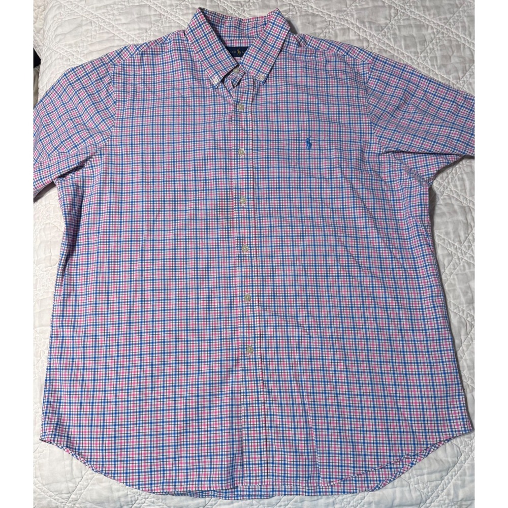Ralph Lauren Button Down Shirt Mens XL Pink Blue Plaid Short Sleeve Cotton